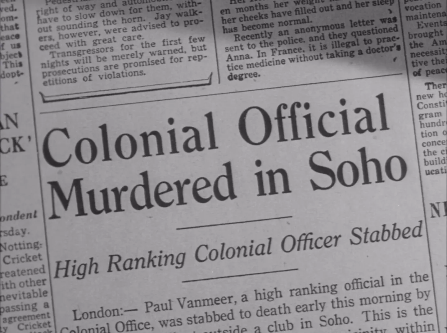 Newspaper headline about Paul Van Meer's death, a plot catalyst