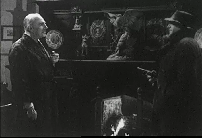 Close, tense exchange between criminal figures—a microcosm of noir's fatalism.