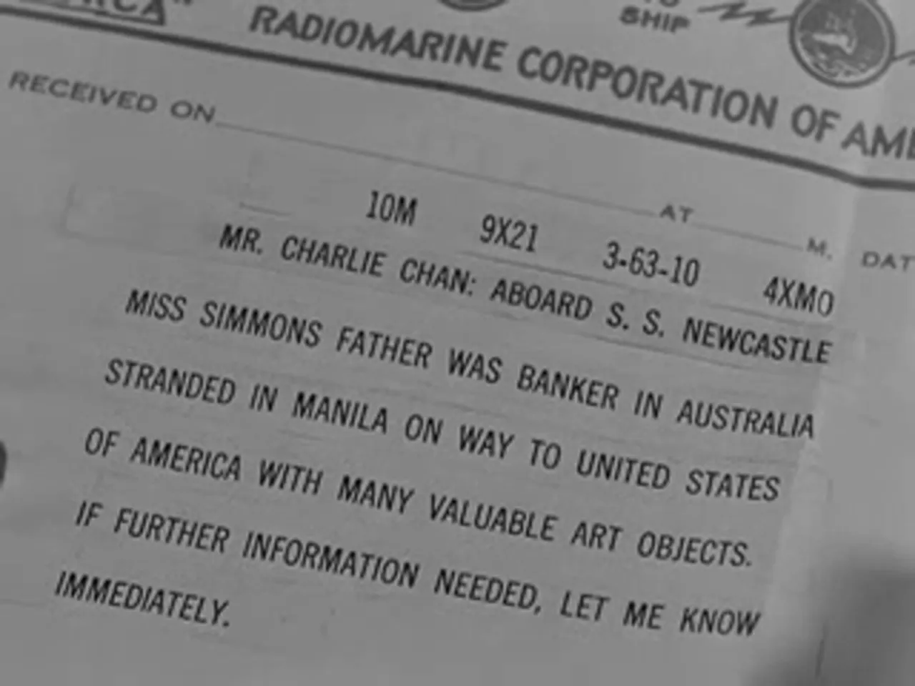 A note from Charlie Chan's son explains Miss Simmons' father's connection to art hidden in Manila