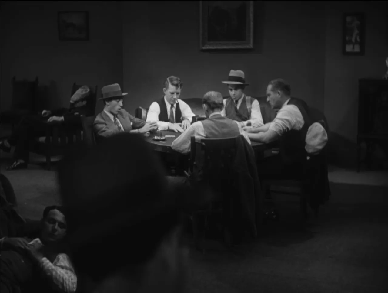 Little Caesar black-and-white backroom meeting scene with gangsters at a table